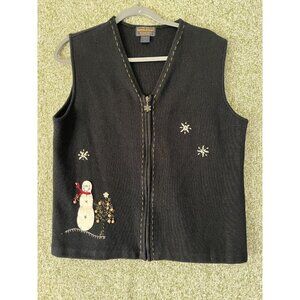 Woolrich Sweater Large Black Snowman Vest Zip Up Heritage Cabin Christmas Granny